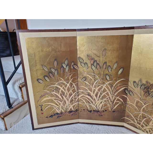 Vintage Japanese Byobu 4-Panel Gold Leaf Folding Screen Hand Painted Wheat Field Signed For Sale - Image 9 of 15