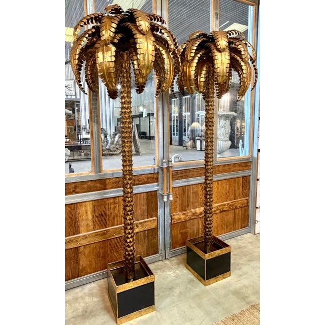 Metal Monumental Pair of Maison Jansen Gilt Metal Palm Tree Floor Lamps For Sale - Image 7 of 16
