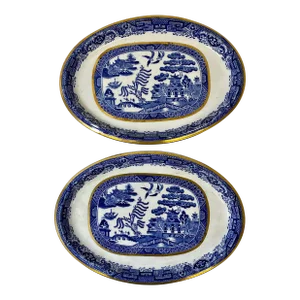 Antique Pair of Gold Rimmed Beech Hancock & Company Oval Blue Willow Side Dish/Vegetable Serving Dishes From England - Circa 1851