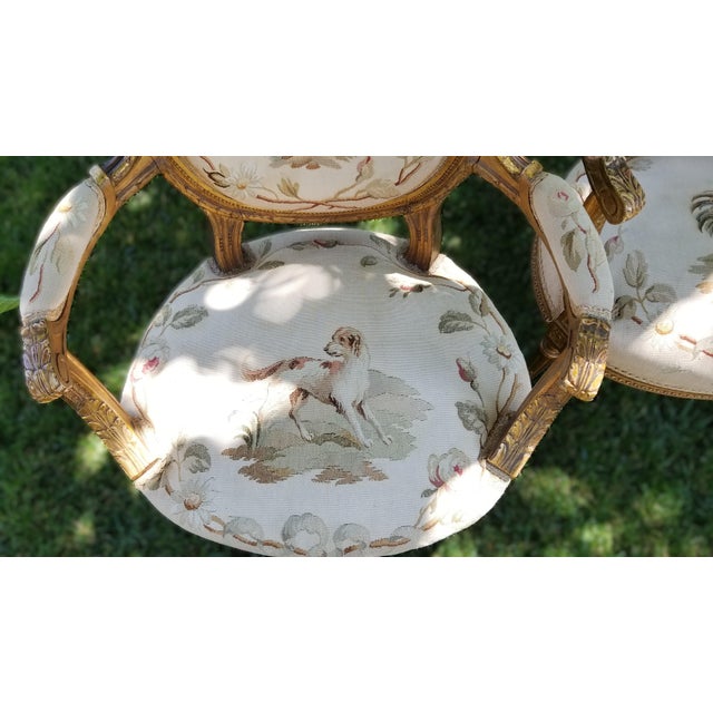 Late 19th C. Louis XVI Revival Giltwood Aubusson Tapestry Salon Suite | Canapé & Four Fauteuils For Sale - Image 11 of 18