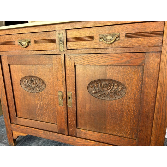French Antique Oak Washstand / Vanity With a Marble Top, Oval Beveled Mirror, and Floral Carvings For Sale - Image 12 of 12