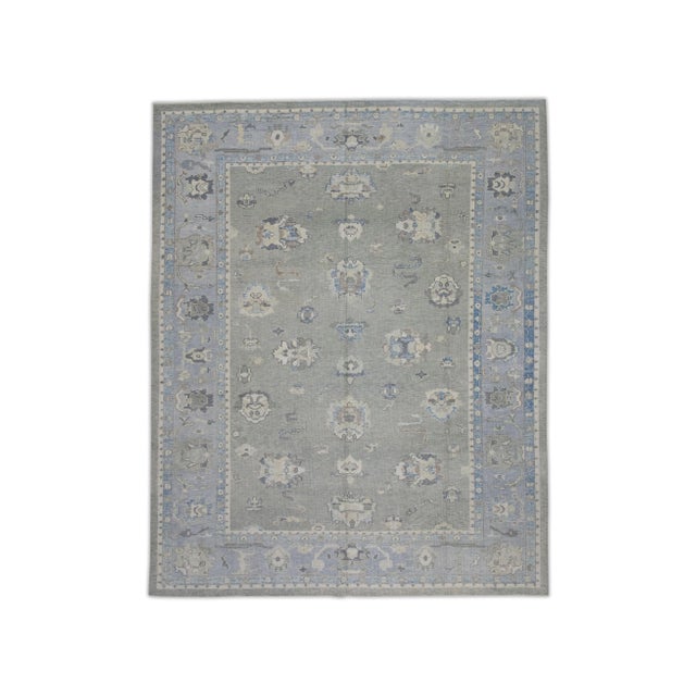 Blue Early 21st Century Gray & Blue Handwoven Wool Turkish Oushak Rug – Floral Design, 8'10" X 11'10" For Sale - Image 8 of 8
