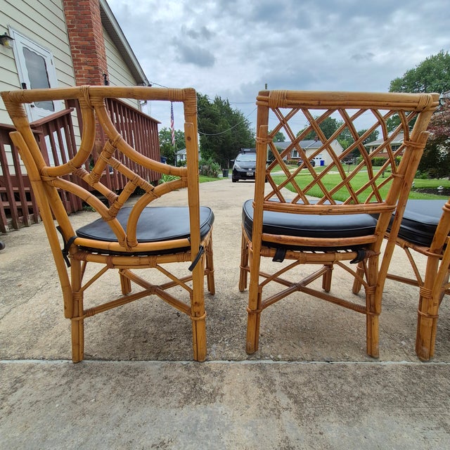Brown 1970s Bamboo Rattan Lattice Back Dining Chairs W/ Black Faux Leather Cushions, Assembled Set of 4 For Sale - Image 8 of 11
