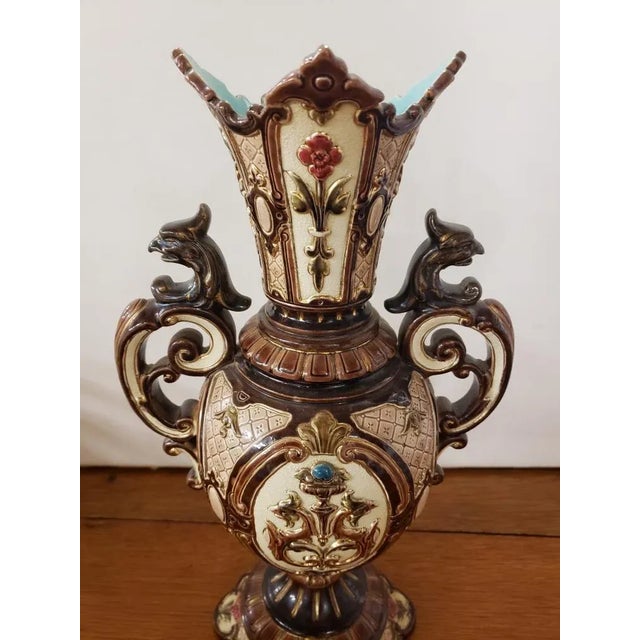 1900 - 1909 Circa 1900 Bohemian Renaissance Revival Majolica Gryphon Handled Footed Vase For Sale - Image 5 of 8