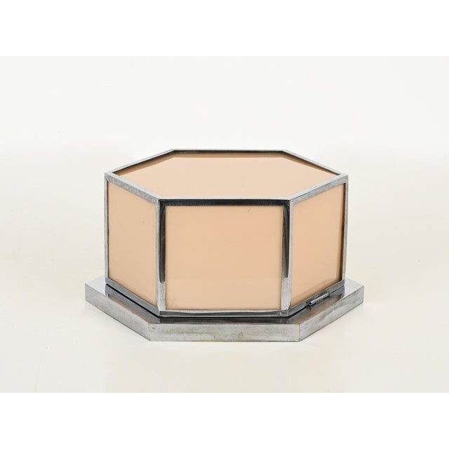 Bauhaus Pink Glass and Chrome Hexagonal Wall or Ceiling Lamp, Italy, 1930s For Sale - Image 6 of 14