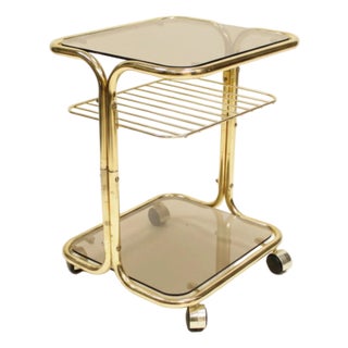 1970s Small Smoked Glass and Brass Table Cart For Sale