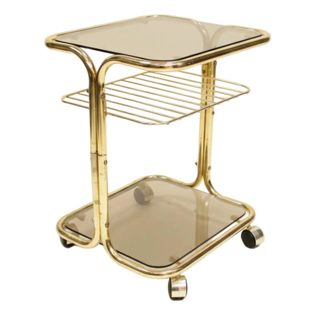 1970s Small Smoked Glass and Brass Table Cart For Sale
