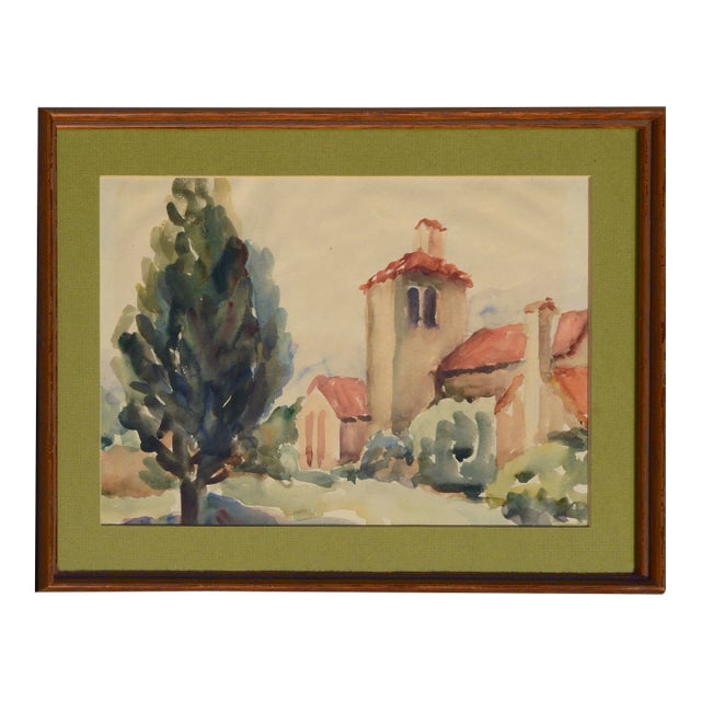 1960s Mid-Century California Mission Landscape Watercolor Painting, Framed For Sale