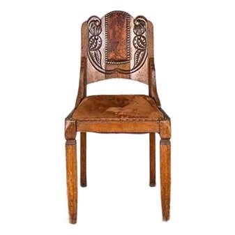 Antique Carved Wood and Leather Chair For Sale