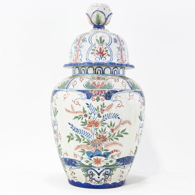 Vintage Dutch Delft Polychrome Lidded Ginger Jar in Floral Pattern For Sale - Image 4 of 17
