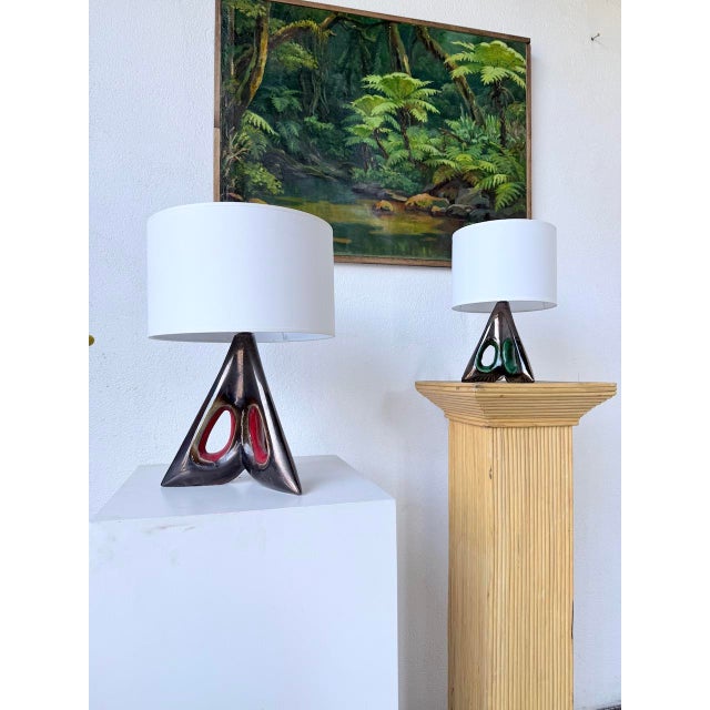 Textile French Free-Form Triangular Ceramic Lamps, 1950s, Set of 2 For Sale - Image 7 of 18