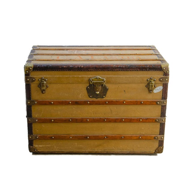 French 1900s Wooden Steamer Trunk With Brass and Leather Accents by Paul Romand, France For Sale - Image 3 of 9