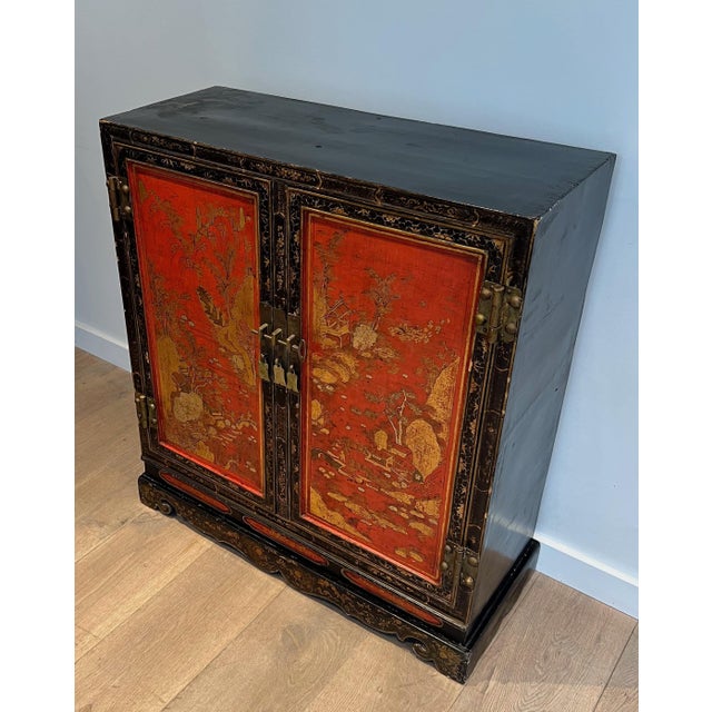 1940s Lacquered Wood Cabinet with Chinese Seenes For Sale - Image 4 of 12