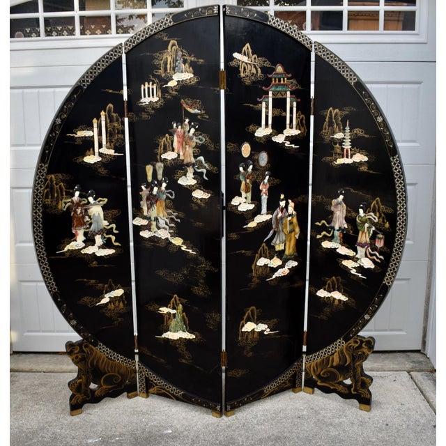 1970s 4 Panel Room Divider Vintage Chinese Coromandel Round Screen Black Lacquer For Sale - Image 5 of 16