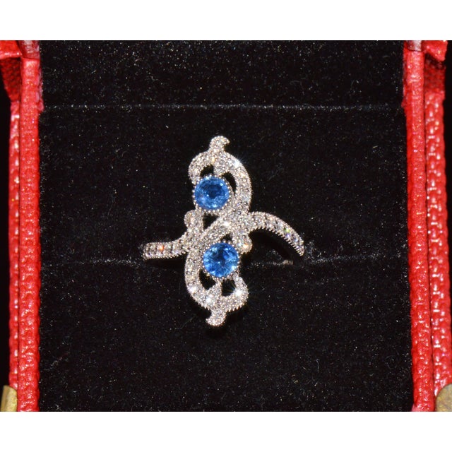 Certified Natural 1.40cts Diamond & Sapphire 18k Solid White Gold Filigree Cocktail Ring, Size 6.5 For Sale - Image 12 of 13