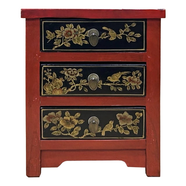 Distressed Red Black 3 Drawers Golden Graphic End Table Nightstand For Sale