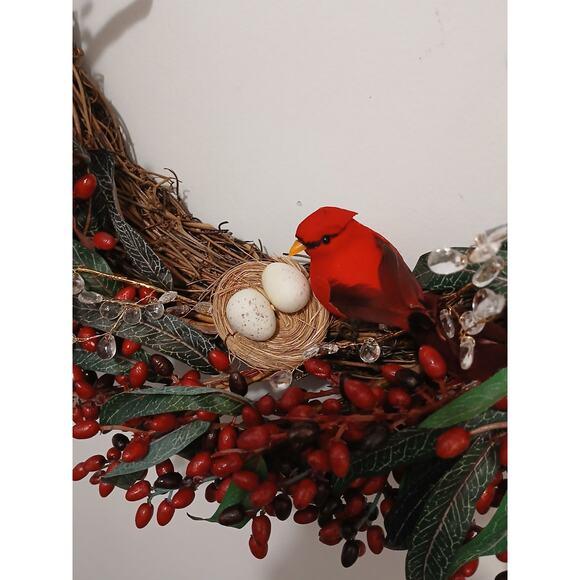 Winter Berries Door Wreath Realistic Red Cardinal‎ Egg Nest Holiday Ice Crystals For Sale - Image 9 of 15