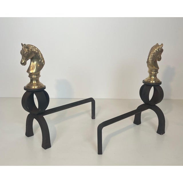 1900 - 1909 Important pair of bronze and wrought iron andirons representing horse heads For Sale - Image 5 of 12