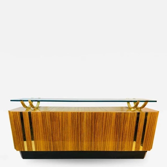 1980s Leon Rosen Modern Wood & Brass & Glass Sideboard For Sale - Image 10 of 10
