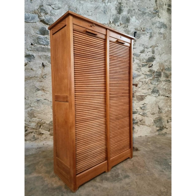 1960s Vintage French Tambour Cabinet in Oak, 1960s For Sale - Image 5 of 18