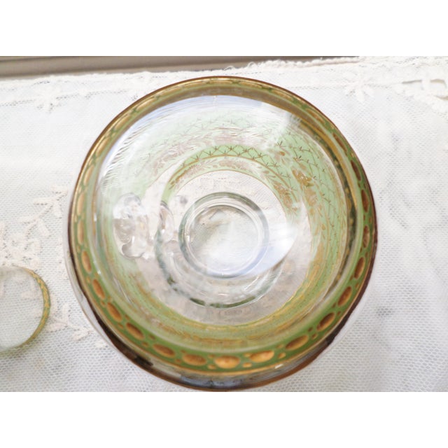 1920s Vintage Czechoslovakia Green & Gold Etched Glass Water Carafe With Cup For Sale - Image 5 of 6