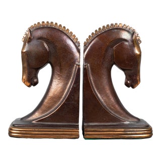 Bronze and Copper Plated Machine Age Trojan Horse Bookends by Dodge Inc. C.1930 For Sale