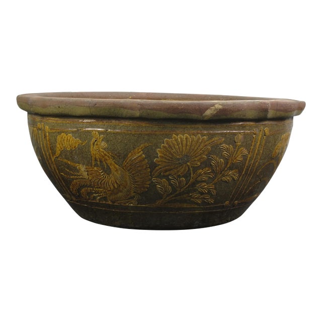 Large Vintage Glazed Earthenware Planter With Hand Painted Mystic Birds and Plants For Sale