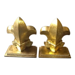 1990s Fleur De Lis Bookends Gold Leaf Polyresin - a Pair For Sale