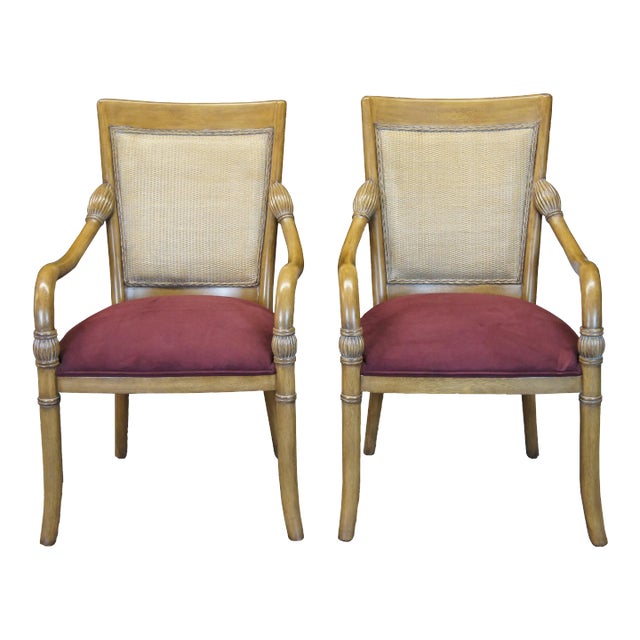 Kreiss Modern Empire Style Mahogany & Wicker Back Arm Chairs with Suede Seat - a Pair For Sale