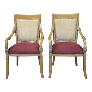Kreiss Modern Empire Style Mahogany & Wicker Back Arm Chairs with Suede Seat - a Pair