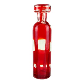 Vintage Murano Fratelli Toso Ruby Red Bands Plaid Pattern Italian Art Glass Bottle Decanter For Sale