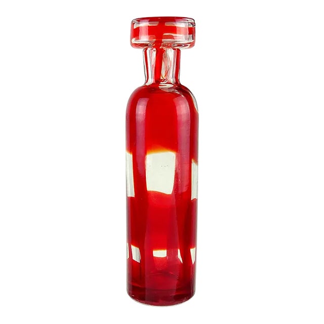 Vintage Murano Fratelli Toso Ruby Red Bands Plaid Pattern Italian Art Glass Bottle Decanter For Sale