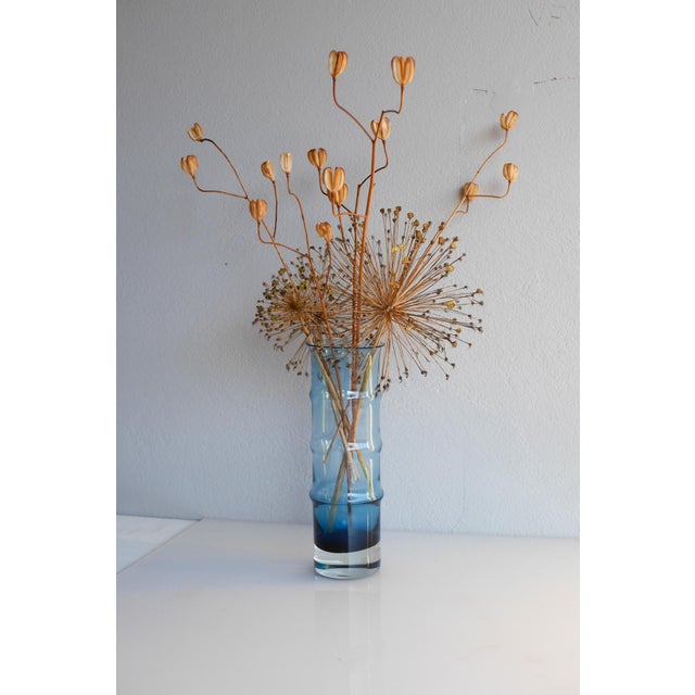 Mid-Century Modern Scandinavian Large Blue Bamboo Glass Vase by Borgström Åseda, Sweden For Sale - Image 5 of 10
