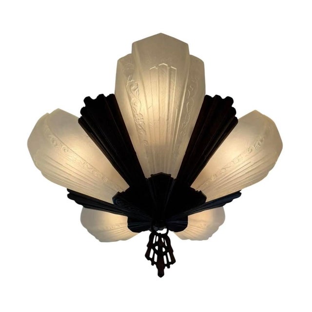 Metal 1910s Art Deco Fan Style Chandelier With Copper Starburst Canopy For Sale - Image 7 of 8