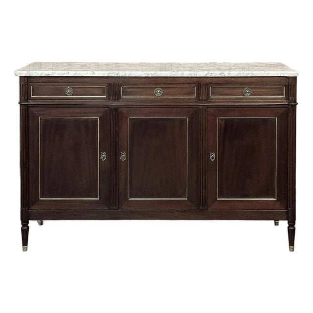 French Louis XVI Carrara Marble Top Mahogany Buffet in the Maison Jansen Style, Mid-Century For Sale