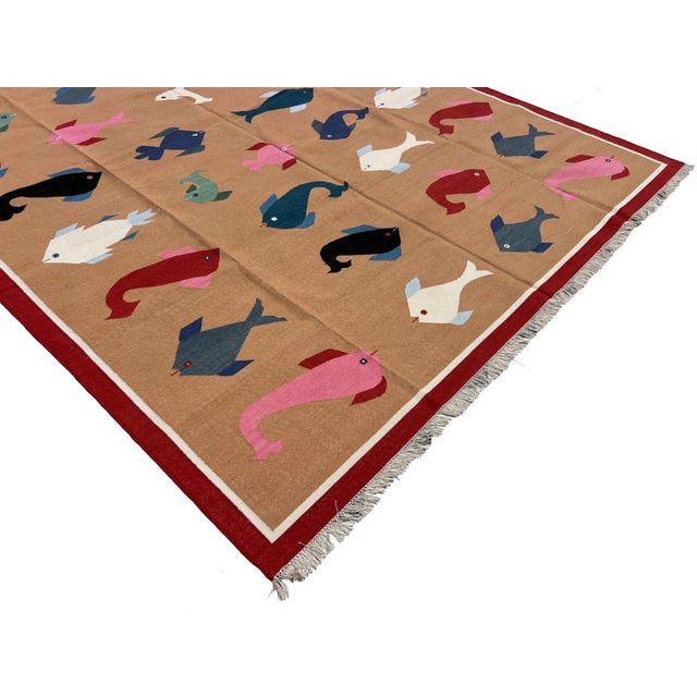 Handmade Cotton Vegetable Dyed Flat Weave Area Rug, Tan, Red Fish Patterned Dhurrie - 9'x12' For Sale - Image 6 of 16