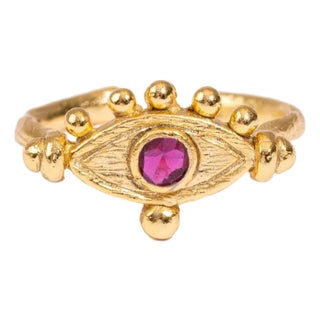 Mystic Ruby Evil Eye Gold Adjustable Band Ring, Size 8 For Sale