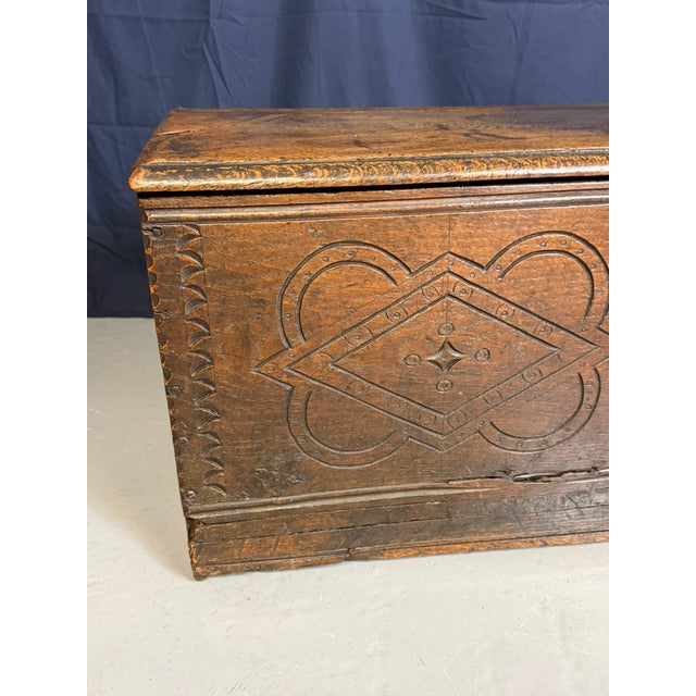 Antique English Carved Oak Trunk, 1650 For Sale - Image 3 of 18