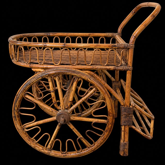 Adrien Audoux and Frida Minet French Riviera Rattan Bar Cart Audoux & Minet 1950s For Sale - Image 4 of 10