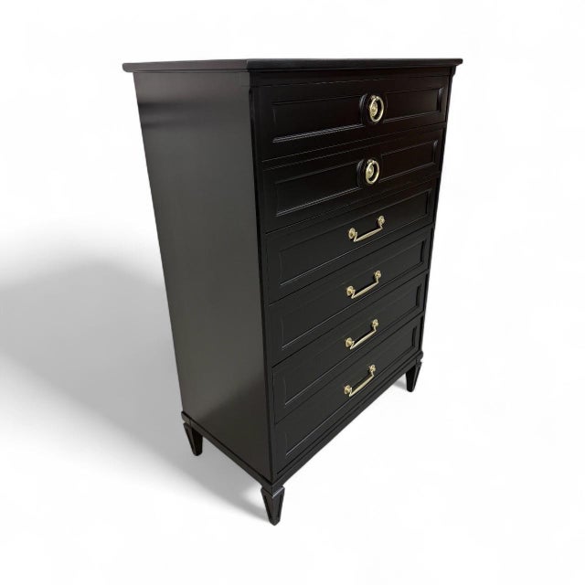 This listing is for a Vintage Henredon Italian Style Black High Chest. Featuring a straight line design, six drawers for...