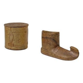 Folk Art Birch Bark Canister and Wooden Boot, 1930s, Set of 2 For Sale