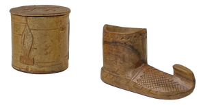 Folk Art Birch Bark Canister and Wooden Boot, 1930s, Set of 2