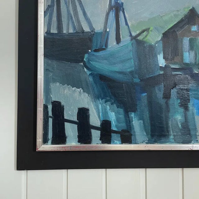 Mid-Century Modern 1950s Large Mid-Century Swedish Modernist Harbor Oil Painting by Dag Björn Hellsing For Sale - Image 3 of 11