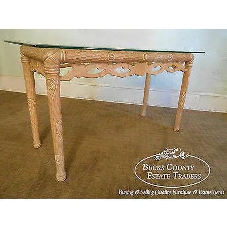 Wood Carved Naturalistic Solid Maple Glass Top Sofa Table For Sale - Image 7 of 12