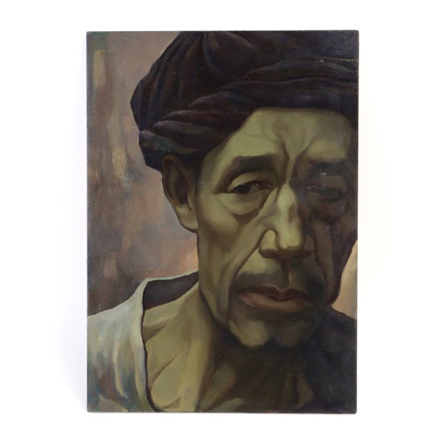 Paint Vintage Oil Painting Portrait of Man in Shadows Wearing a Turban For Sale - Image 7 of 7