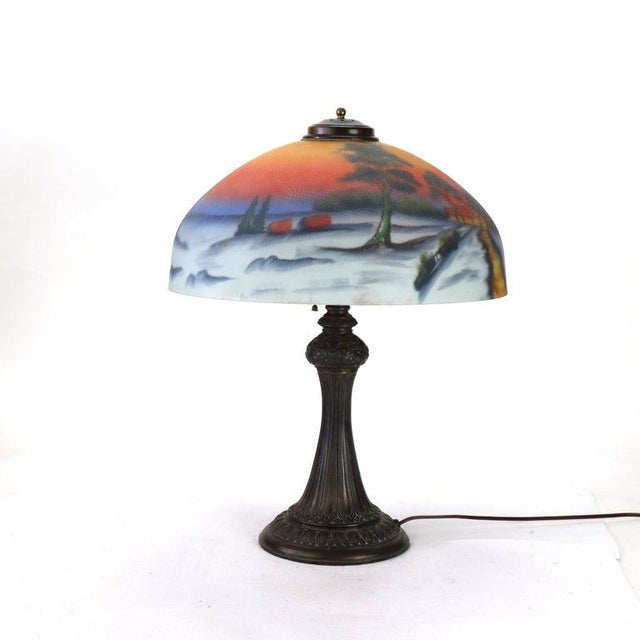 Arts & Crafts Reverse Painted Winter Landscape Lamp, Manner of Jefferson, C1920 For Sale - Image 4 of 11