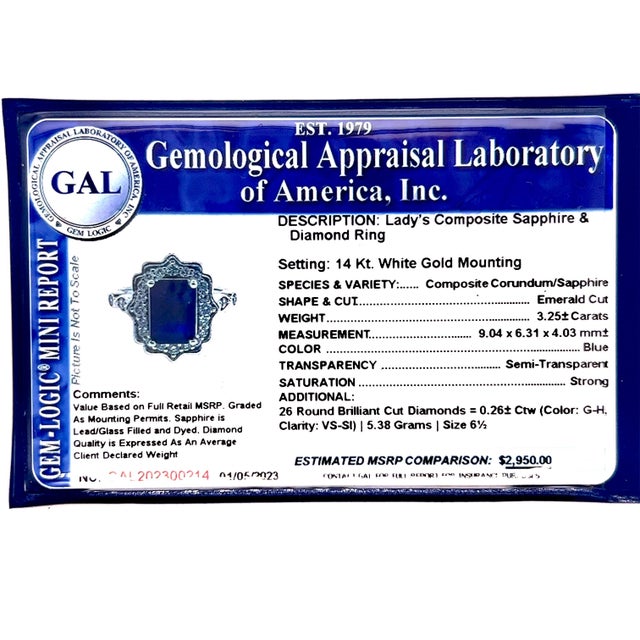 Natural Sapphire Diamond Ring Size 6.5 14k W Gold 3.51 TCW Certified For Sale - Image 12 of 12