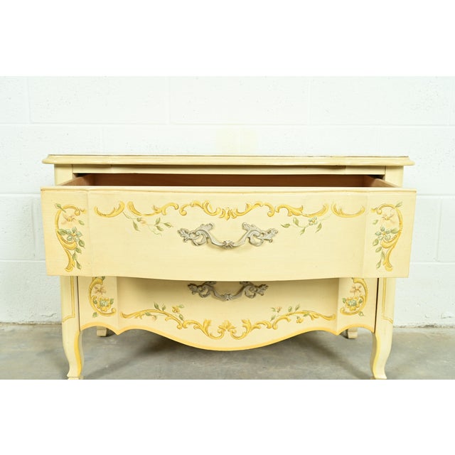 Wood Drexel Heritage French Provincial Louis XV Cream Lacquered Paint-Decorated Commode or Bedside Chest, 1970s For Sale - Image 7 of 12