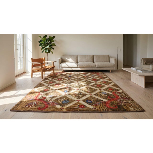 1870s Brown Diamond Folk Art Antique American Hooked Rug 5'0" X 7'3" Woven Wool Carpet For Sale - Image 10 of 12