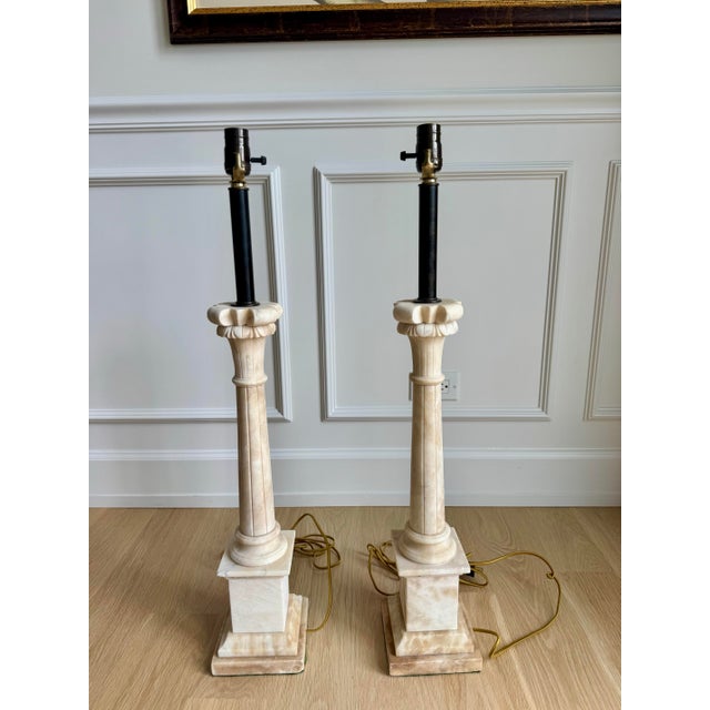 Exceptional Vintage Pair of Italian Hand-Carved Alabaster Neoclassical Column Table Lamps – Newly Rewired For Sale - Image 4 of 11